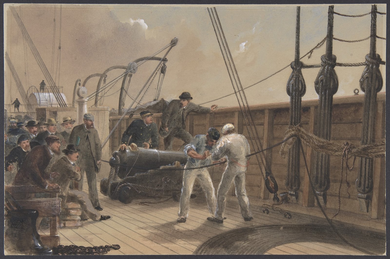 Sailors repairing the Atlantic telegraph cable on the deck of the Great Eastern in 1865, painted by Robert Charles Dudley.